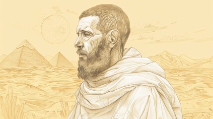 Fototapeta premium St. Anthony the Abbot in the Desert with Egyptian Landscapes, Biblical Illustration, Beige Background, Copyspace