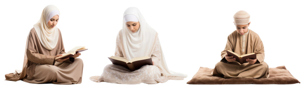 Muslim people reading Quran set
