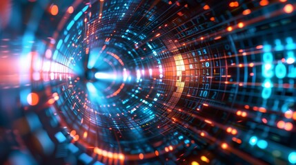 Obraz premium Tech tunnel with highspeed data, digital age visualization, abstract design, vibrant colors, hightech, futuristic