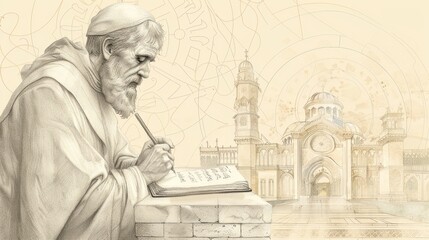 Fototapeta premium St. Bede the Venerable Writing in 8th-Century English Monastery, Biblical Illustration, Beige Background, Copyspace
