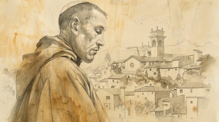 Fototapeta premium St. Ambrosio in Reflection with 16th-Century Spanish Village Background, Biblical Illustration, Beige Background, Copyspace