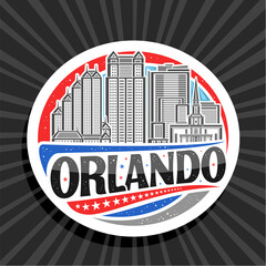 Vector logo for Orlando, white decorative round tag with illustration of american orlando city scape on day sky background, art design refrigerator magnet with unique lettering for black text orlando