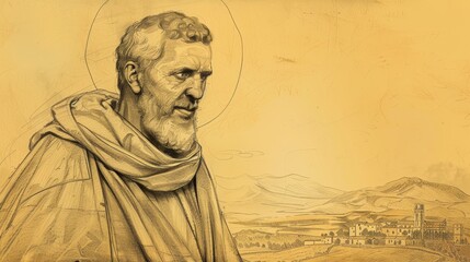 St. Benedict the Moor in Humble Setting with Sicilian Countryside, Biblical Illustration, Beige Background, Copyspace