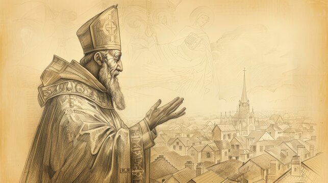 St. Augustine of Canterbury Preaching in 6th-Century English Village, Biblical Illustration, Beige Background, Copyspace
