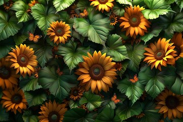 Elegant 3D sunflowers with vibrant green leaves, with a butterfly fluttering around, 3D, Warm hues, High resolution