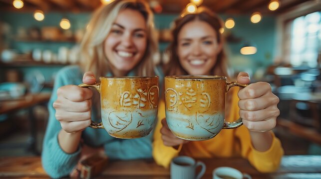 A close-up shot of young entrepreneurs in a modern workspace toasting with coffee mugs to celebrate a milestone achievement.
