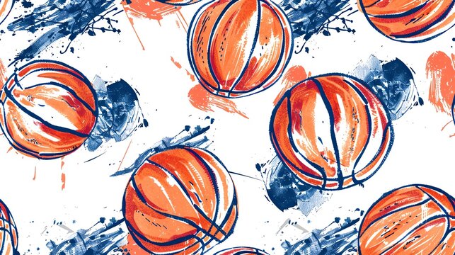 Hand-drawn seamless pattern featuring basketballs and hoops, perfect for an energetic and playful sports look