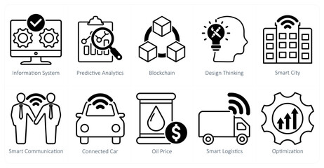 A Set of 10 Industrial icons as information system, predictive analytics, blockchain