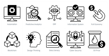 A Set of 10 Industrial icons as automation, predictive analytics, erp