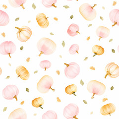 Pretty watercolour style pumpkin seamless repeating pattern in pastel pink and orange on a white background