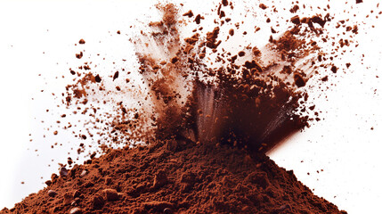 Explosion splash of ground coffee or cocoa powder with freeze isolated on background, pile of splatter of coffee grind dust powder, brown shattered beans. 