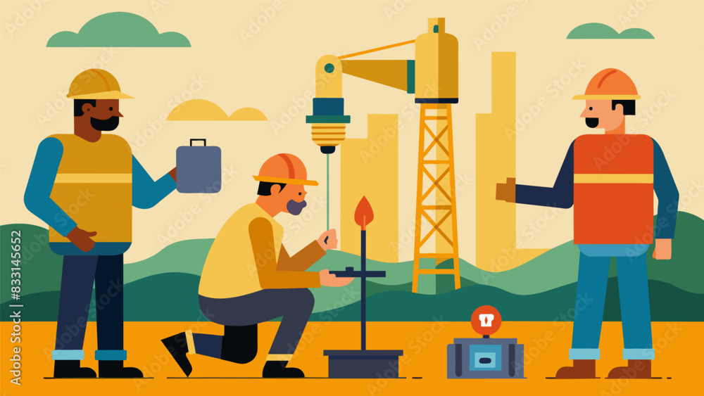 Poster the drilling process halted momentarily as workers carefully examine core samples to determine the q