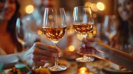 A close-up view of hands holding crystal wine glasses during a refined business dinner.