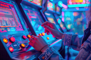 Hands playing an arcade game, neon lights reflect 90s era