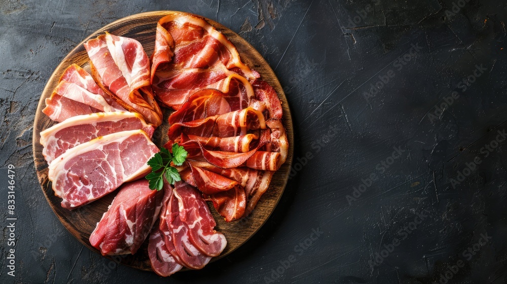 Poster bacon ham and steak arranged on a wooden plate viewed from above with space for text