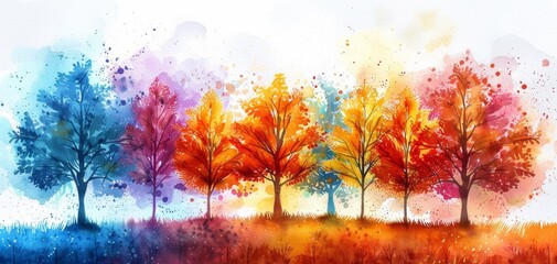 Colorful watercolor painting of seven trees, each in vibrant hue representing different seasons, on a white background.