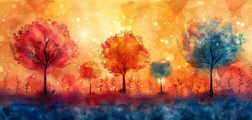 Fototapeta premium Colorful digital illustration of a dreamy landscape with vibrant trees and a starry sky, abstract and surreal art piece perfect for decor.