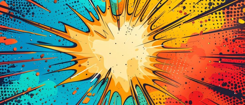 Colorful comic book style explosion with vibrant blue, orange, and red colors, ideal for pop art, retro, and graphic design projects.