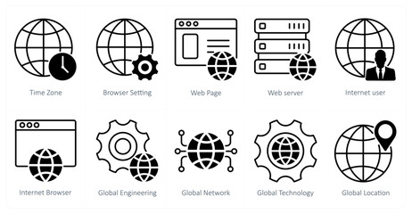 A set of 10 seo icons as time zone, browser setting, webpage
