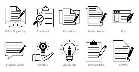 A set of 10 seo icons as online blog writing, assessment, copywriting