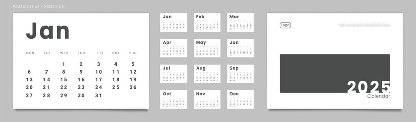 Set of 2025 Pages Monthly Calendar Planner Templates, Cover with Place for Photo, Company Logo. Vector pages for wall or desk calendar in minimal style. Page size A4 for Print. Week start on Monday