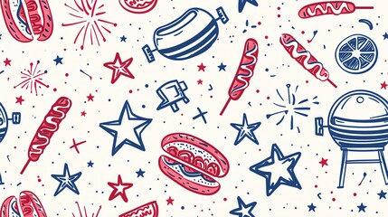 Seamless pattern of hand-drawn Fourth of July elements like barbecue grills, hot dogs, and sparklers, perfect for a festive and fun Independence Day design