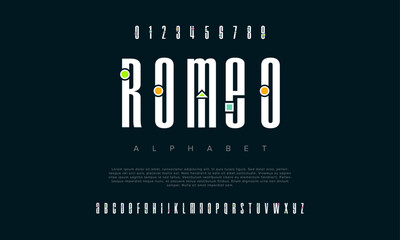 Romeo creative geometric modern urban alphabet font. Digital abstract futuristic, fashion, sport, minimal technology typography. Simple numeric vector illustration