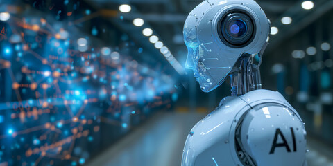 Futuristic AI robot analyzing data in a high-tech lab, representing artificial intelligence and advanced technology.