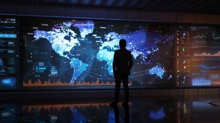 During a high-stakes business meeting, a businessman stands before an interactive wall screen showing a digital map of the global metaverse economy, with real-time data feeds and interactive elements.