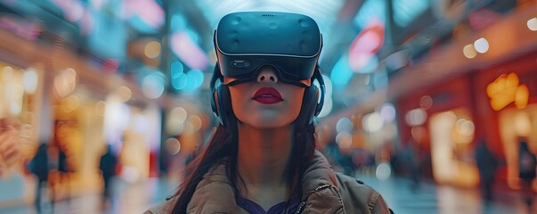 Woman Experiencing Virtual Shopping in a Futuristic Digital Mall