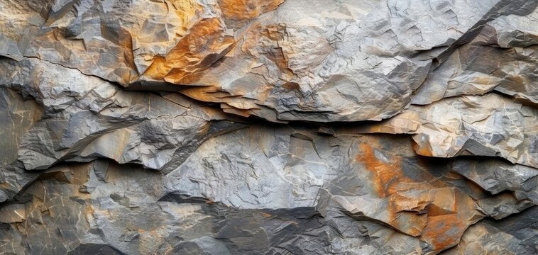 Close-up of a textured rock wall with shades of grey and orange, showcasing natural patterns and rugged geological formations.