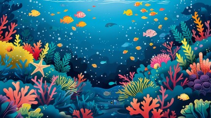 An enchanting cartoon depiction of a coral reef teeming with life, including fish, sea stars, and crustaceans, celebrating World Ocean Day. Generative AI