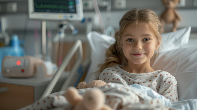 Smiling young girl in hospital bed with teddy bear, medical equipment in background, representing pediatric healthcare and recovery.