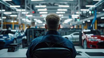 Naklejka premium a male chief automotive engineer sitting in front of a computer monitoring control car factory work desk 