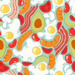 Seamless vector pattern with hand drawn abstract fried eggs, bacon, sausages, tomatoes, avocados isolated on green background. Food illustration template for decor print, fabric, card, menu