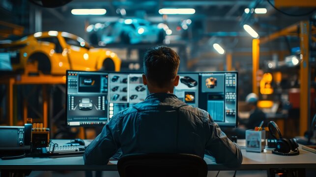  a male chief automotive engineer sitting in front of a computer monitoring control car factory work desk 