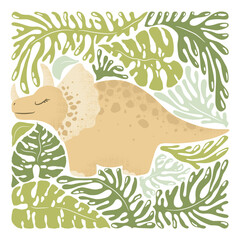 Vector illustration with cute hand drawn cartoon dinosaur and abstract plants isolated on white background. Animal design for t-shirt print, poster, wallpaper, card, nursery decor