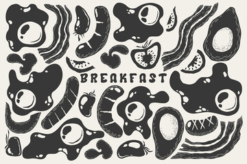 Vector illustration with hand drawn abstract fried eggs, bacon, sausages, tomatoes, avocados silhouettes isolated on white background. Food illustration clipart for decor print, card, menu