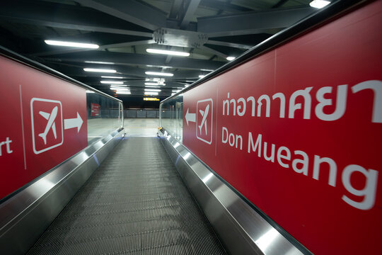 BANGKOK, THAILAND - OCTOBER 14, 2023: direction signage as seen at Don Mueang International Airport.