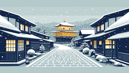Concept of Kyoto in winter with snow. Vector illustration.