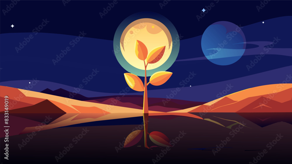 Poster the plant at night the only source of light in the vast desert radiating a warm glow from the reflec