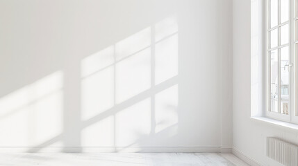 Minimalist empty room with large windows no furniture and minimal decor. Residential interior design composition in neutral tones.