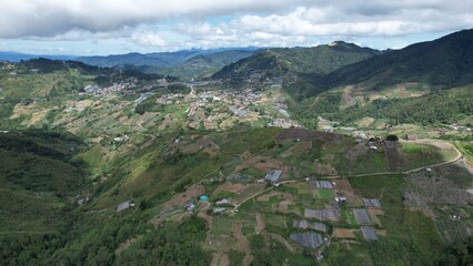 Kundasang, Malaysia - May 28 2024: Aerial View of the Sosodikon Hill Kundasang Sabah