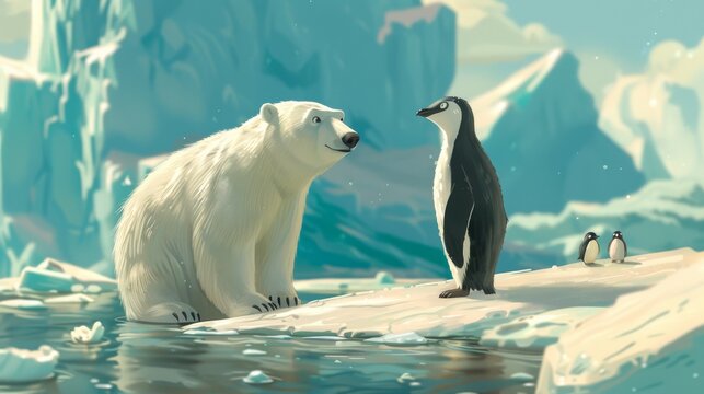A heartwarming cartoon scene of a polar bear and a penguin standing on melting icebergs, raising awareness about climate change and its impact on World Ocean Day. Generative AI