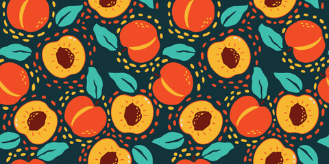 Apricot peach seamless pattern. Vector design of peach apricot slices with leaves for fabric, paper, cover, wallpaper, decoration, and other use. Vector illustration