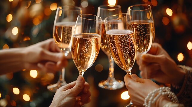 Close-up view of business colleagues toasting with glasses of sparkling wine at a festive end-of-year celebration.