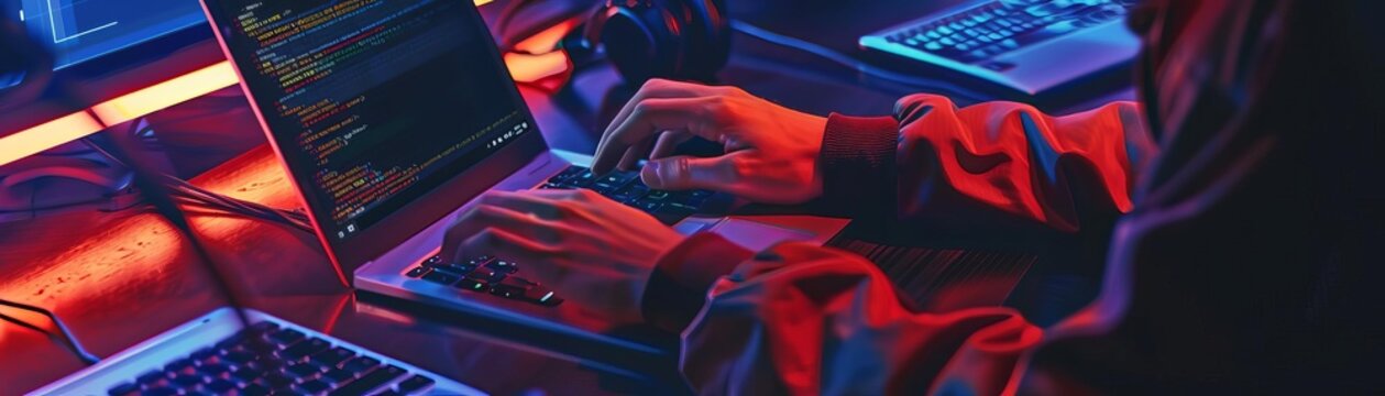 Programmer working on a laptop with code