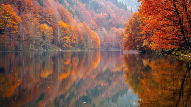 Autumnal reflection of a stunning scenery in the water