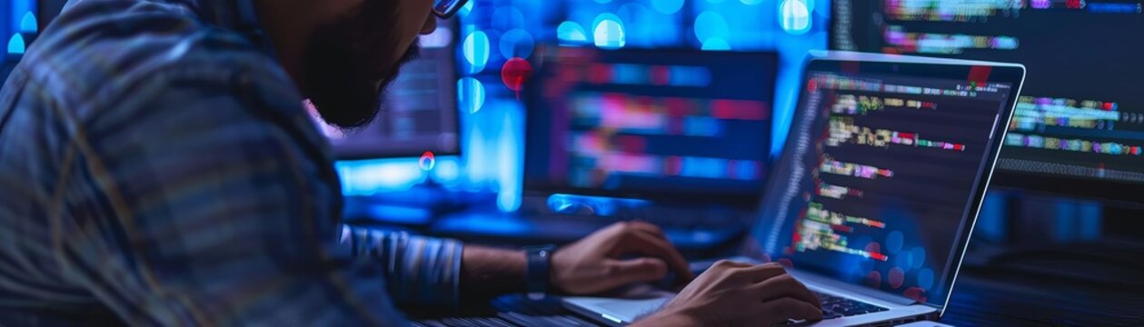 Programmer working on a laptop with code