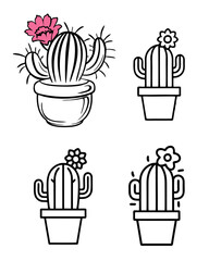 Simple Stylized Line Drawing of a Flowering Cactus Illustration in Pot